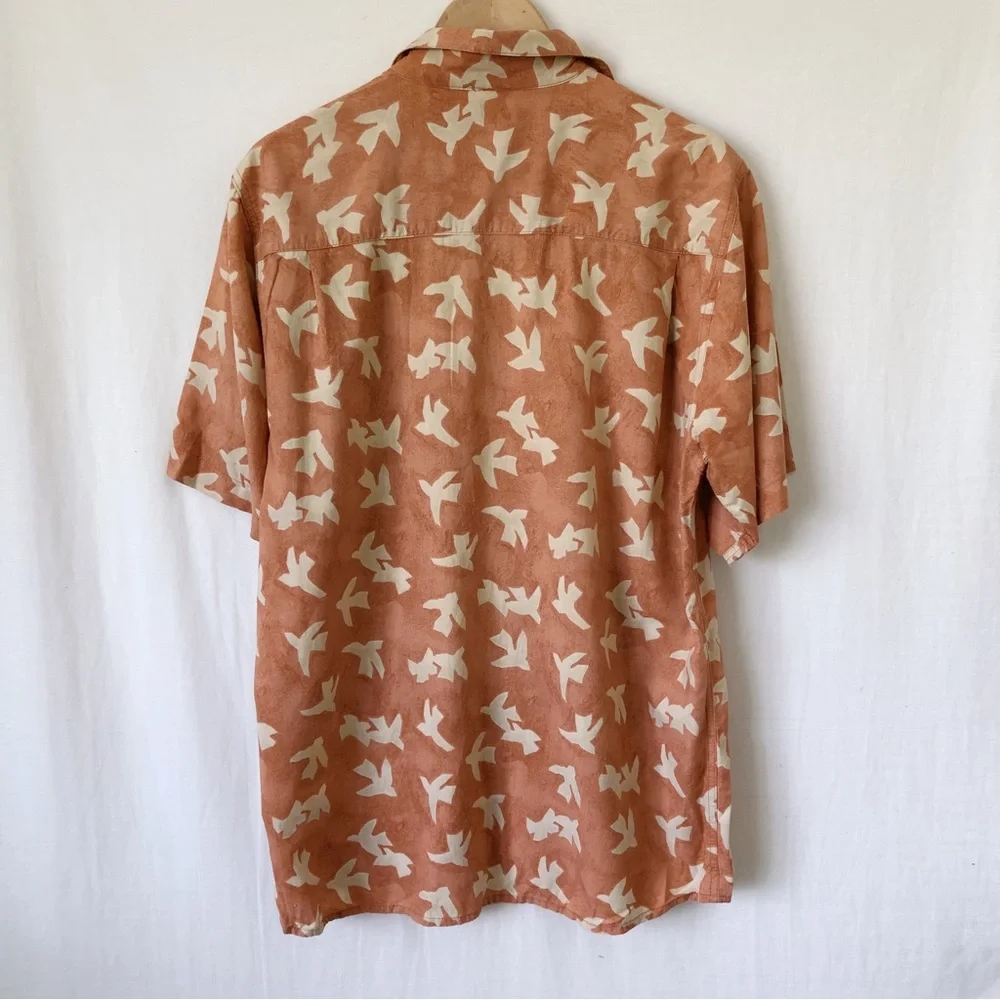 Vintage Mens HUNT CLUB Orange Cream Bird Button Up Cotton Rayon Shirt Size L - Picture 9 of 11